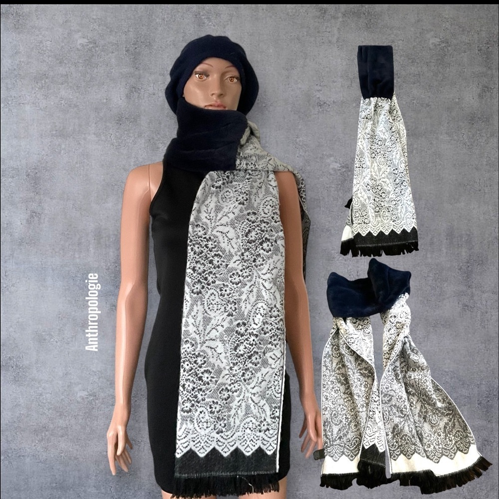 Anthropologie Faux Fur Scarf White Black Floral Wrap Vintage Classic Fringe Chic